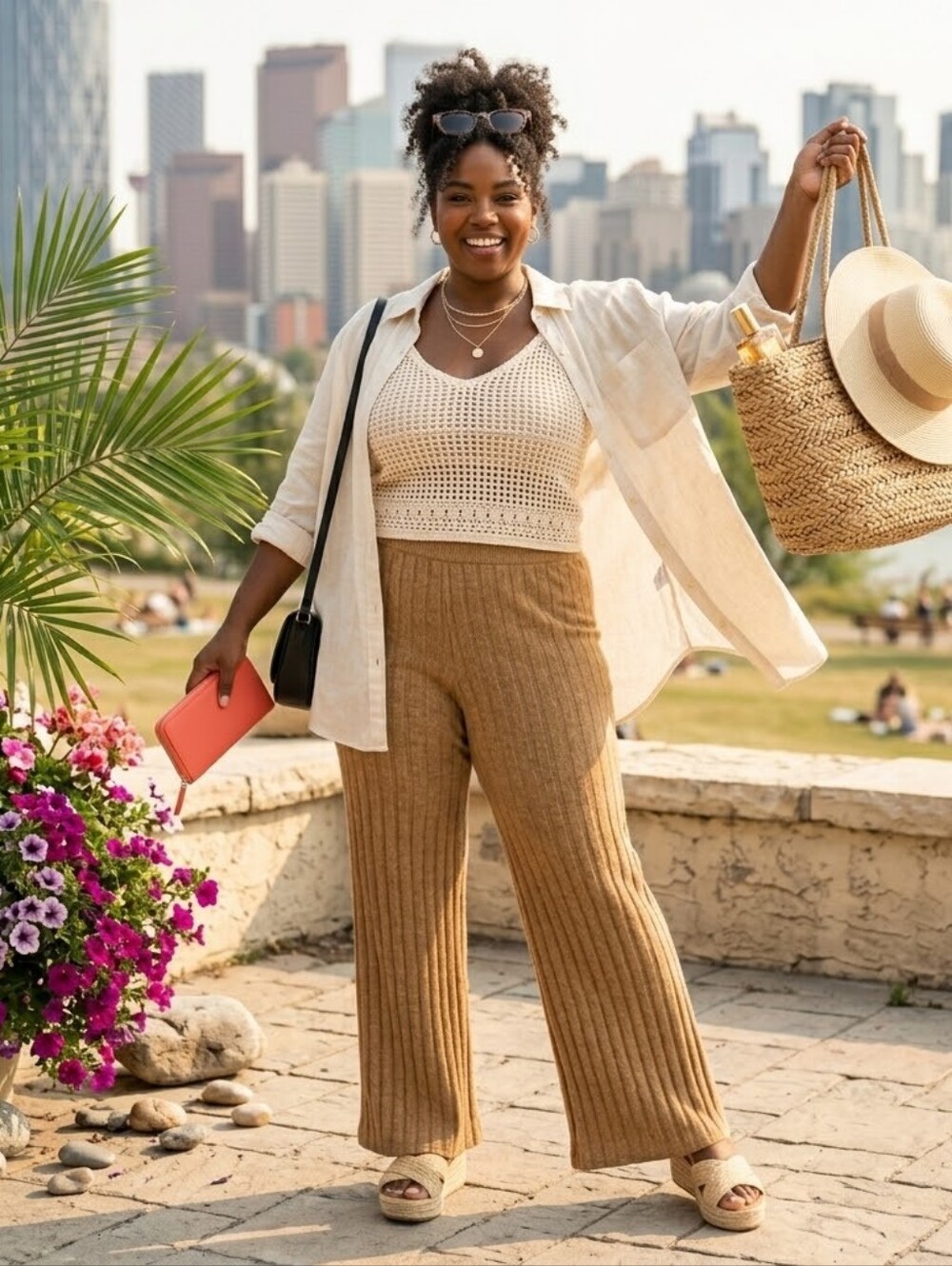 Ribbed Knit Flared Pants in Camel - Picture 1 of 14